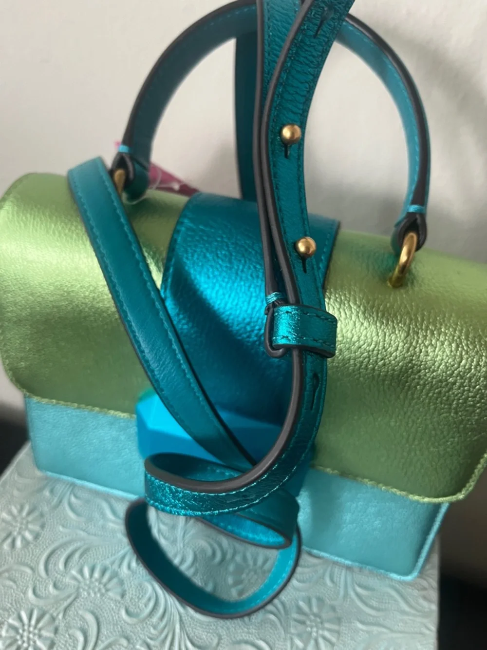 kate spade Metallic Teal, Aqua & Lime Top-Handle Satchel, NWT - Picture 7 of 7